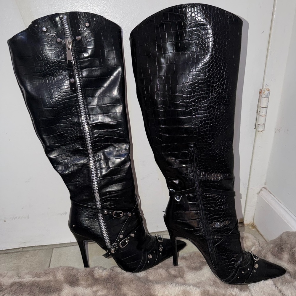 Black Croc-Embossed Knee-High Boots